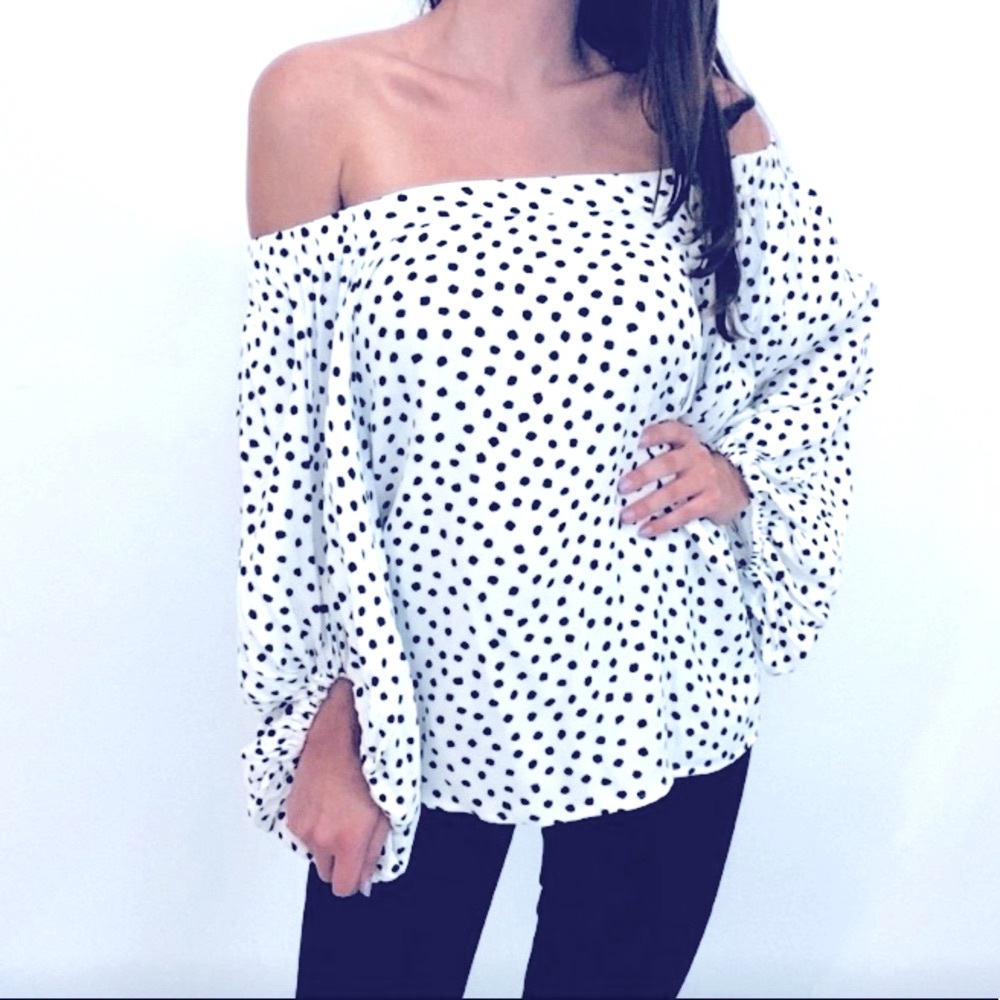 HP 🎉Sugar Lip White with Black Dots Long Bubble Sleeve off the Shoulder Blouse